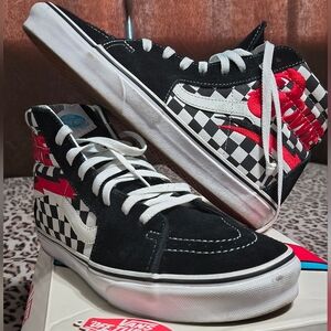Vans  Bowie Black and White Checkered High-Tops with Red Accents
